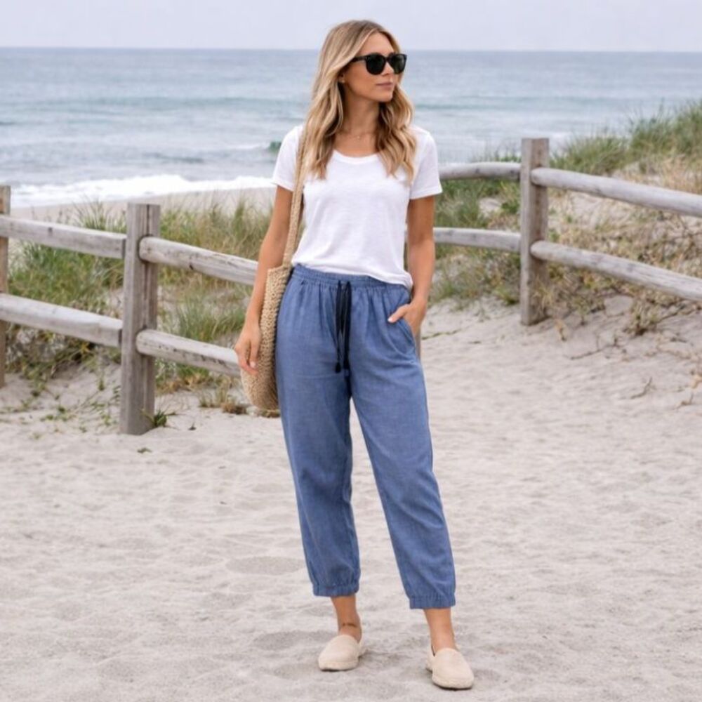 Point Sur Cotton Pants Blue High Rise Tie Waist Cropped Size 6